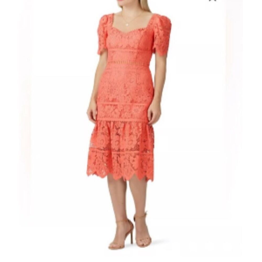 SAYLOR Louisa Coral Lace Midi Sheath Dress with Cut Out Waist Size Medium - Picture 2 of 10